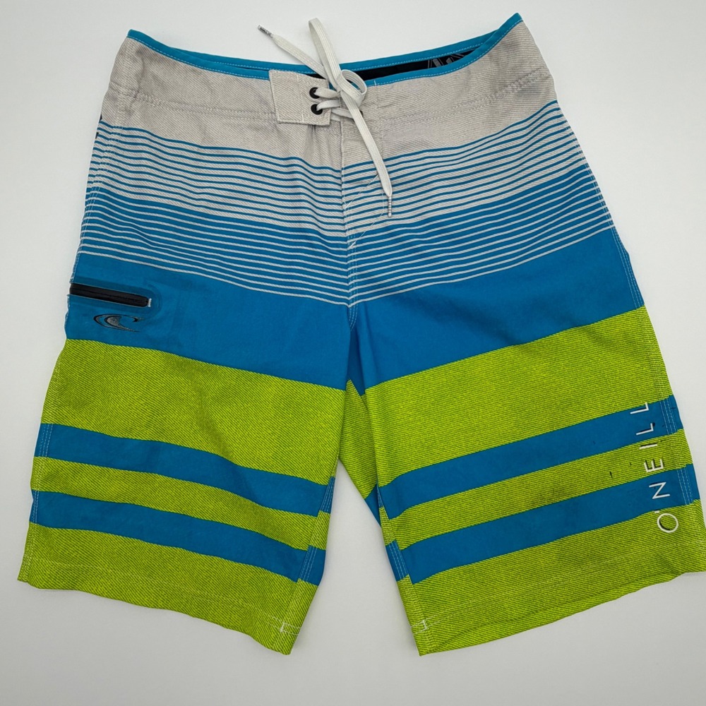 ONeill John John Florence Board Shorts Men 30 Blue Neon Green Striped Swim Trunk